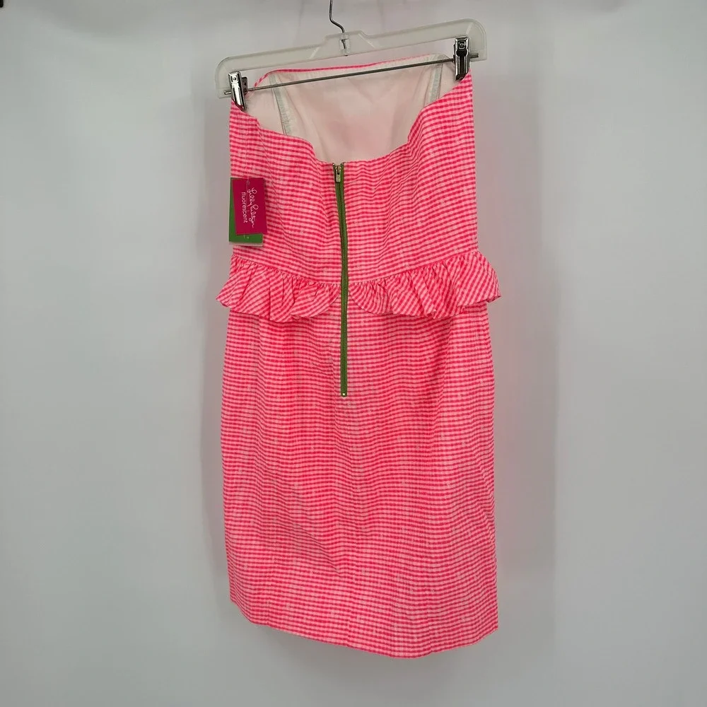 Lilly Pulitzer Lowe Dress Fiesta Pink Gingham Strapless Peplum Size 6 Strapless - Picture 2 of 9